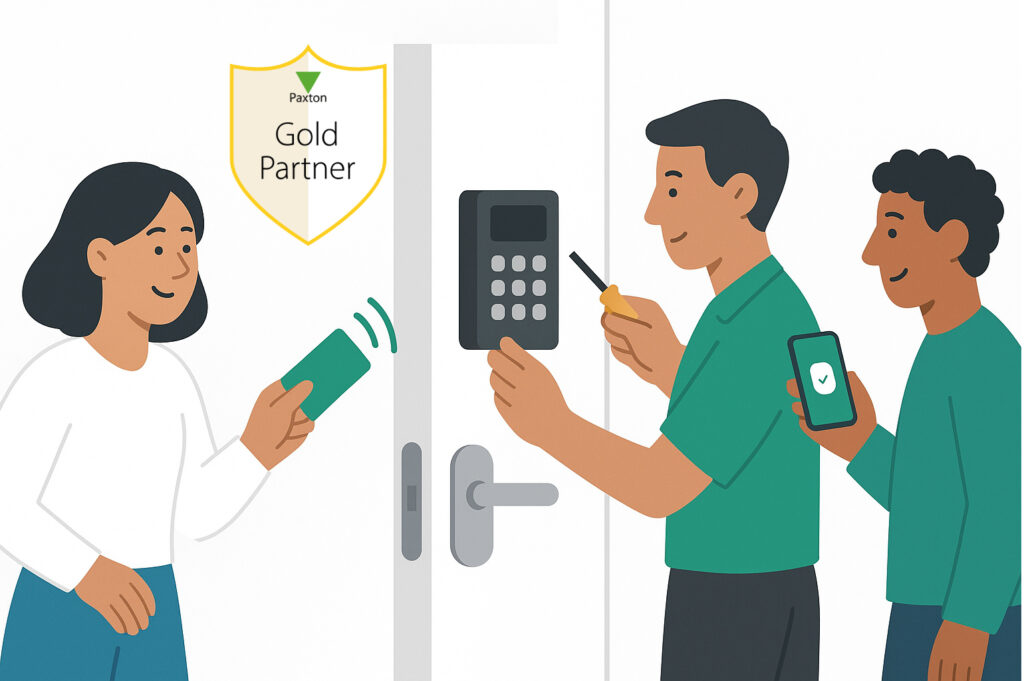 Access Control Systems Installation, showing a technician installing a door system and people scanning with their phone and access control card