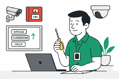 technician looking at access control integrations at a school