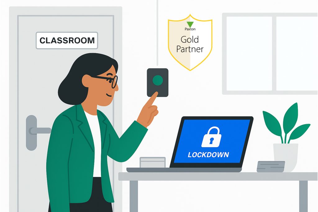 teacher pressing a Paxton lockdown button at a school